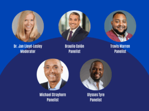 Business United Connection Series Education moderator and panelists graphic